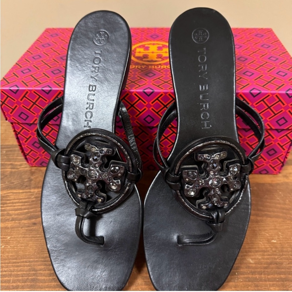 Tory Burch Black Jewel Miller Flat Thong Sandals with Decorative Medallion